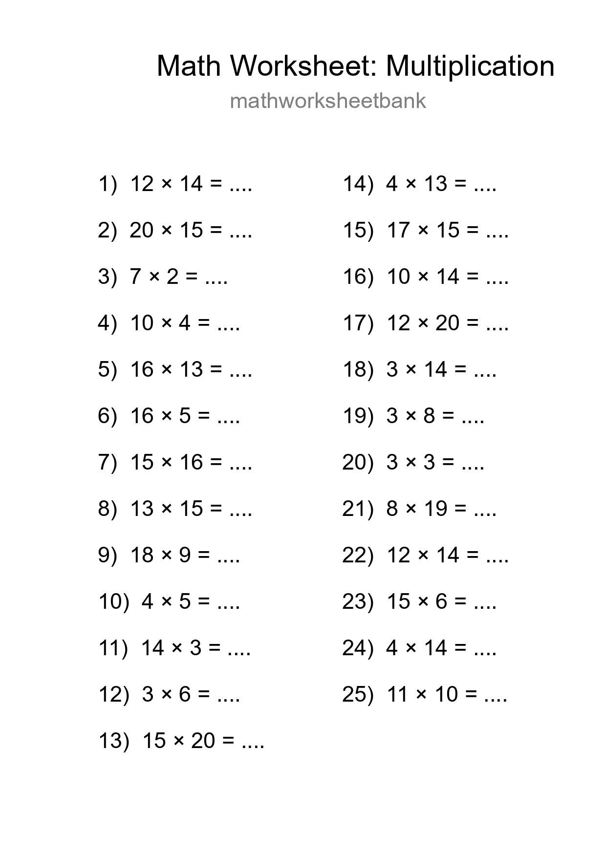 Printable Free 25 Multiplication Math Worksheet For Grade 2 - Part 27