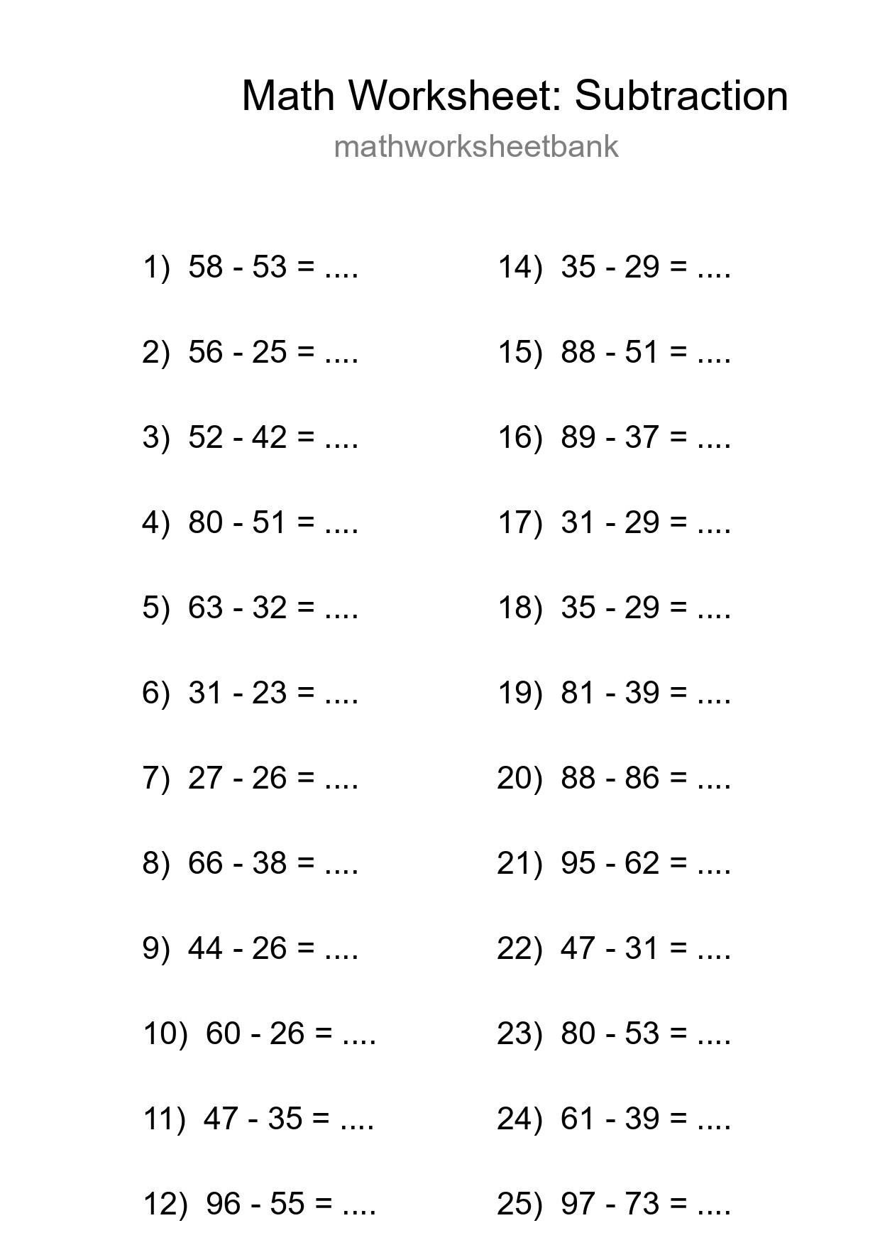 Printable Free 26 Subtraction Math Worksheet For Grade 3 - Part 268
