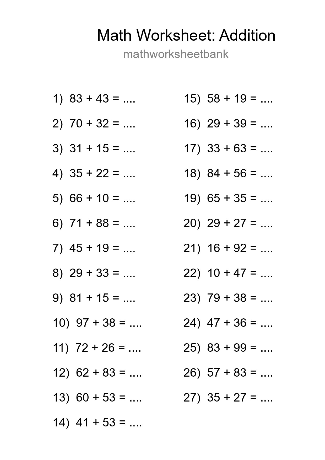 Printable Free 27 Addition Math Worksheet For Grade 3 - Part 171