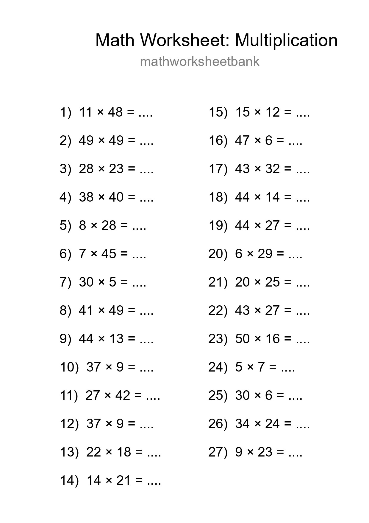 Printable Free 27 Multiplication Math Worksheet For Grade 2 - Part 17