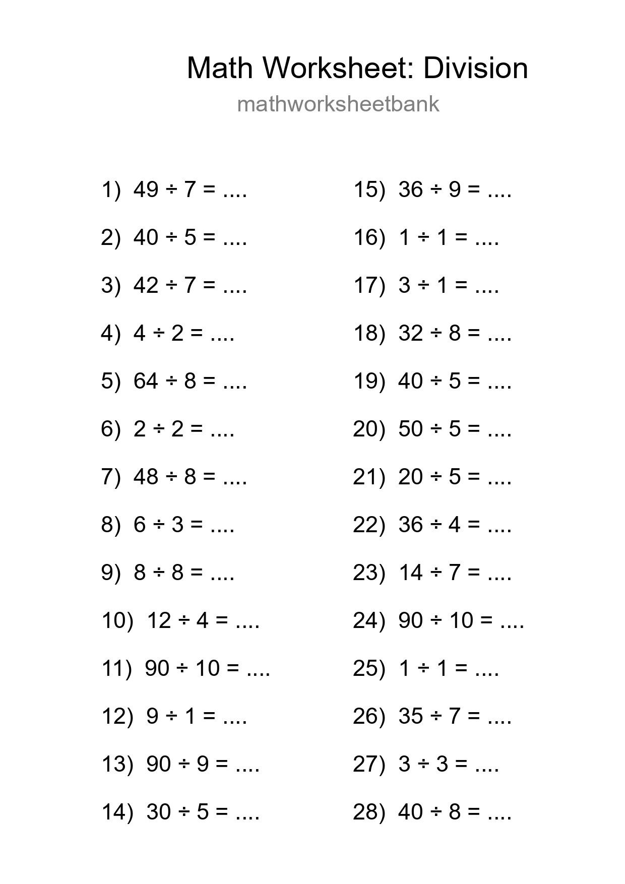 Printable Free 28 Division Math Worksheet For Grade 1 - Part 54