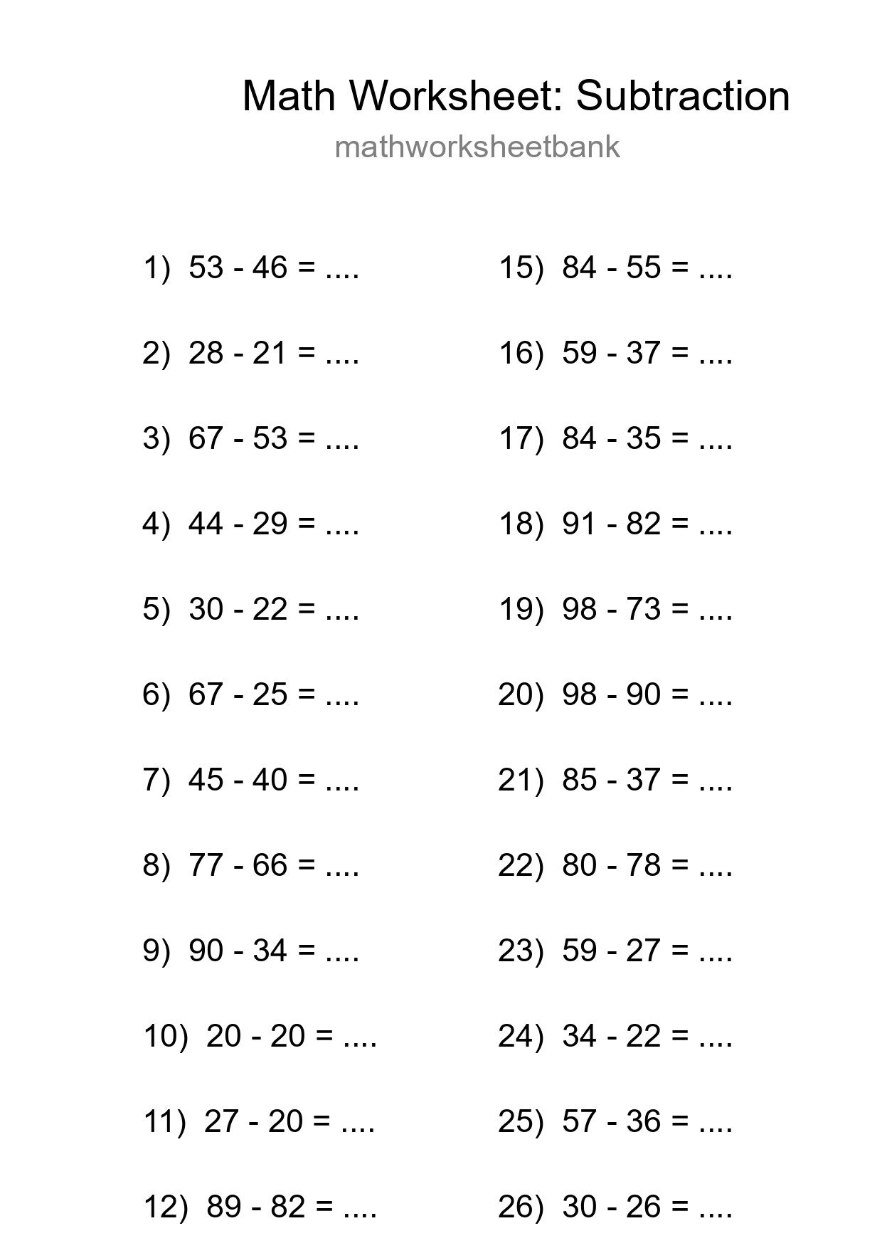 Printable Free 28 Subtraction Math Worksheet For Grade 3 - Part 288
