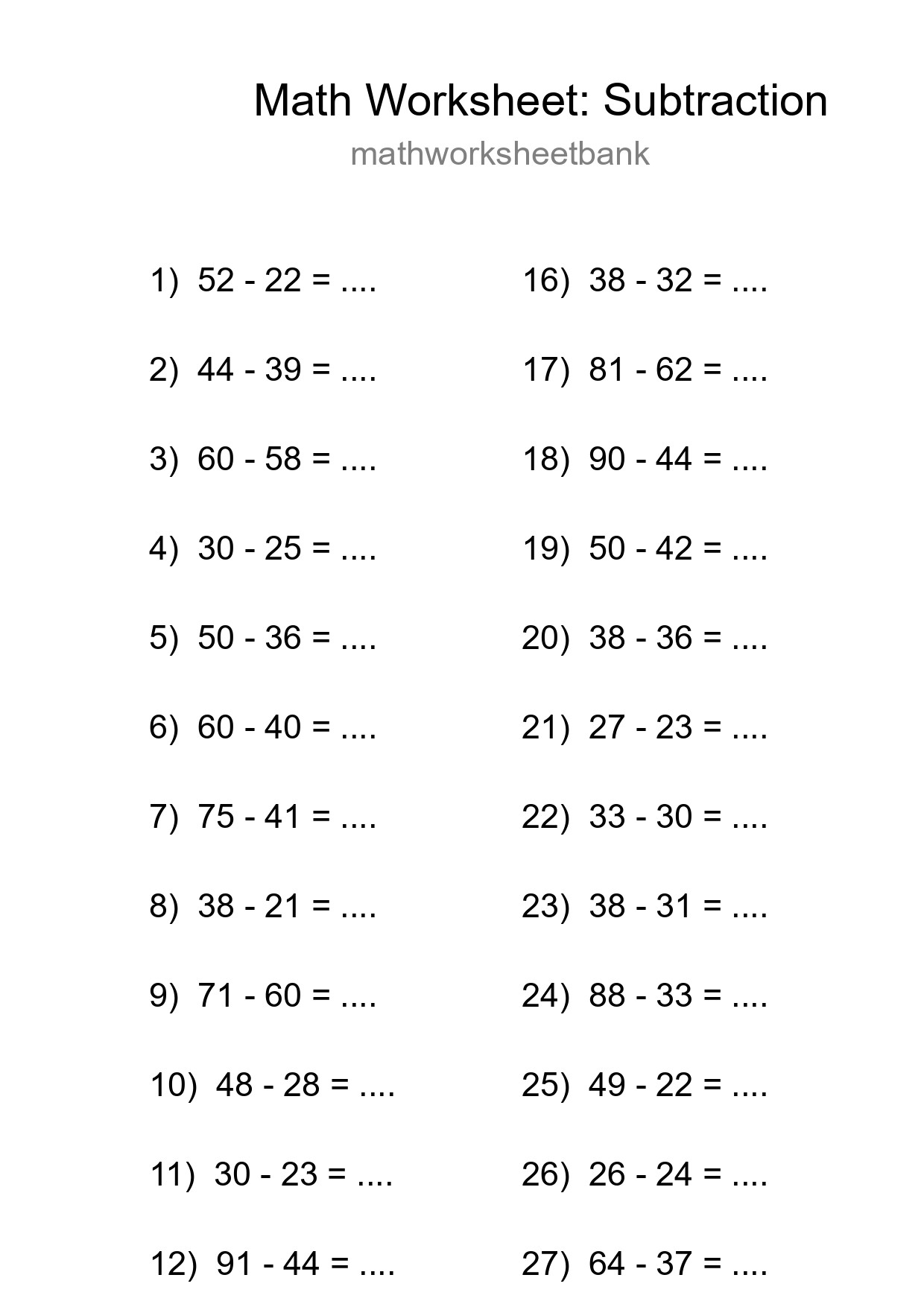 Printable Free 29 Subtraction Math Worksheet For Grade 3 - Part 38
